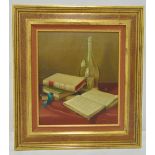 Bailey framed oil on canvas still life of a bottle and books, signed bottom right, 41 x 35cm