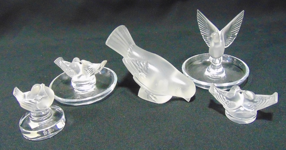 Five Lalique figurines of bird to include two ring trays, tallest 9cm (h)