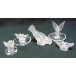 Five Lalique figurines of bird to include two ring trays, tallest 9cm (h)