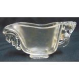 A Chinese glass libation cup with carved handles on raised oval base, 6cm (h)