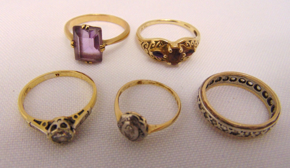 Five 9ct gold rings set with various stones, approx total weight 11.5g