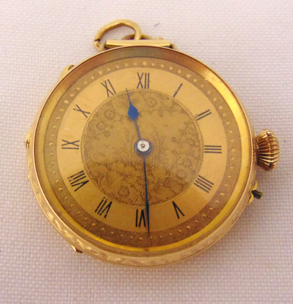 14ct gold open face pocket watch with Roman numerals to the engine turned dial, approx total