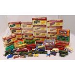 A quantity of diecast buses, trucks and cars to include Matchbox and Atlas Great British Buses, some