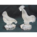 Two Nachtman glass figurines of a cockerel and a chicken on raised octagonal bases, 11cm and 9cm (