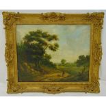 A 19th century framed oil on board of a figure in a landscape, indistinctly signed lower left, 44.