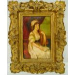 A framed oil on board portrait of a lady in classical dress from the Studio Canals, 32 x 21.5cm