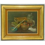 Bailey framed oil on canvas still life of a clay pipe, books and a stein of beer, signed bottom
