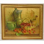 Robert Chailloux framed oleograph print on canvas still life of cherries