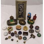 A quantity of papier-mâché‚ gilt and ceramic boxes, a Russian doll set, a carved wooden hookah