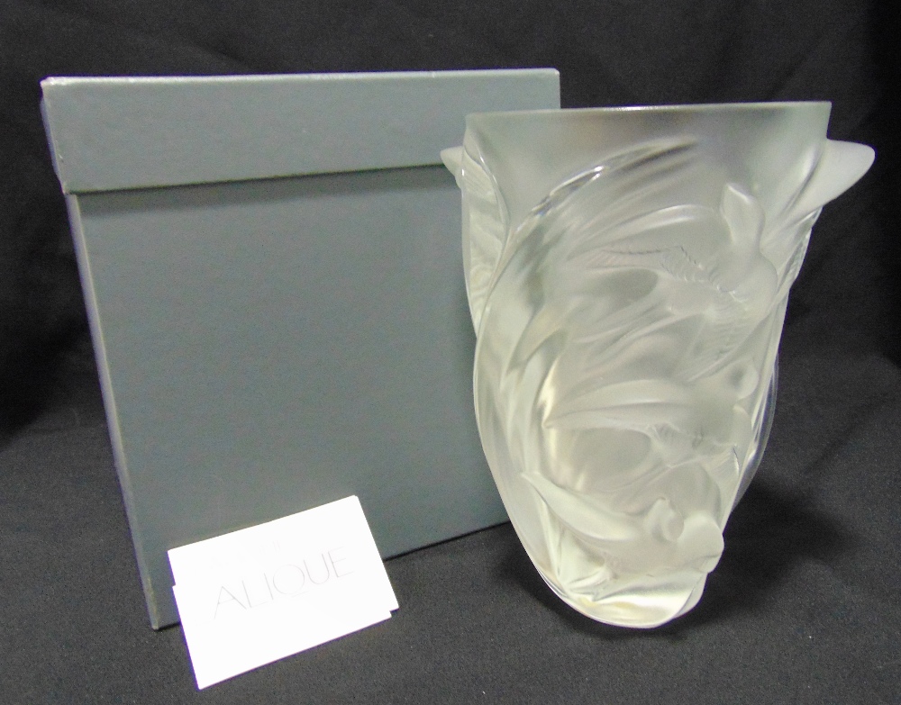 A Lalique Martinets vase in original box, 25cm (h)