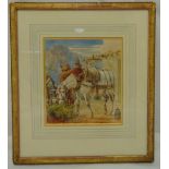 A framed and glazed Victorian watercolour of a man feeding horses, indistinctly signed with initials