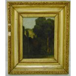 A framed oil on canvas early 20th century continental landscape, A/F, 35 x 23.5cm
