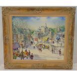 Aquilar a framed oil on canvas of a street scene with a flower seller in the foreground, signed