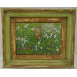Dorothy Stuber framed oil on canvas titled Snowdrops and Sparrows signed bottom right and label to