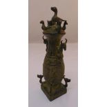 A Chinese bronze wine ewer and cover with applied casts birds and animals, 30cm (h)