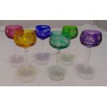 A set of six coloured hock glasses with reticulated stems on circular bases, 20cm (h)