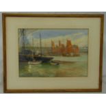 Violet Field framed and glazed watercolour of sailing boats in a harbour, signed bottom right, 33.