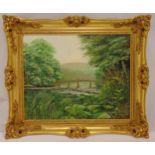 Caroline Bailey framed oil on canvas of a bridge over a river, signed bottom right, 40 x 50cm