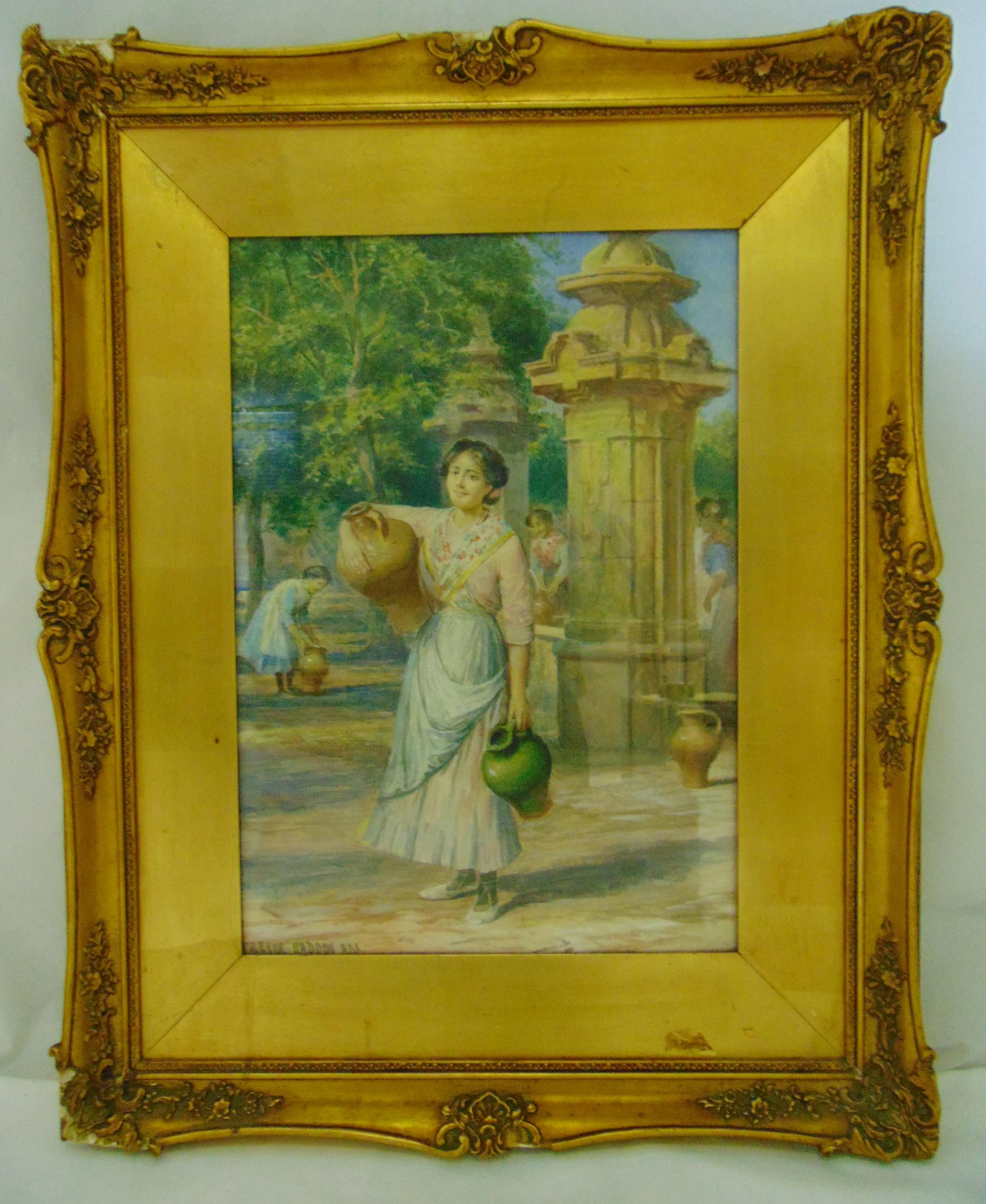 Arthur Trevor Haddon framed and glazed watercolour of a female water carrier, signed bottom right,