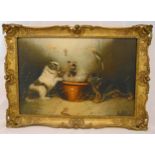 E Armfield framed oil on canvas of three dogs, signed bottom right (damage to the canvas), 51 x
