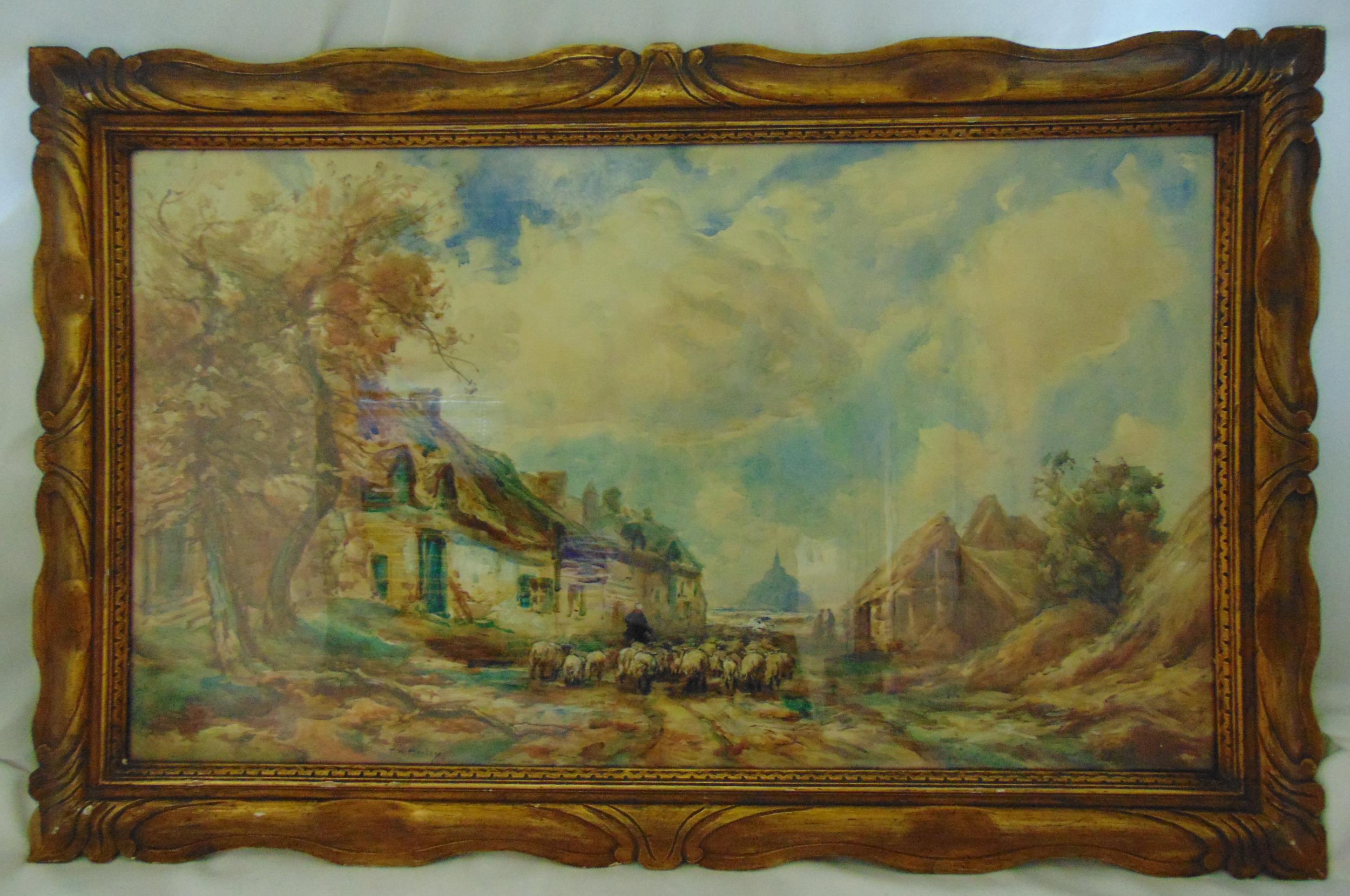 TW Morley framed and glazed watercolour of a rural scene with sheep, signed bottom left, 50 x 88cm