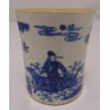 A Chinese blue and white tapering cylindrical brush pot decorated with warriors riding horses,