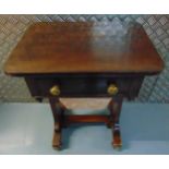 A rectangular mahogany sewing table, single drawer with brass handles on scrolling bracket supports,