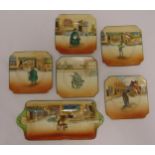 Five Royal Doulton Dickens plates and a matching cake plate, marks to the bases (6)