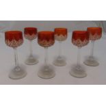 A set of six coloured hock glasses, cut glass bowls, tubular stems on circular bases, 20cm (h)