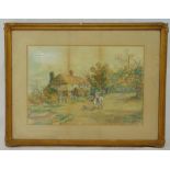Fred Fitch framed and glazed watercolour of a man on a horse by a farmhouse, signed bottom right, (