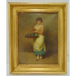 A framed oil on canvas of a lady carrying flowers, indistinctly signed bottom left, 19.5 x 15cm