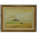 N. Whitehead framed and glazed watercolour of a farm and fields, signed bottom right, 45 x 66cm