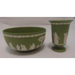 Wedgwood green Jasperware fruit bowl and a matching campagna shaped vase, bowl 20cm (d) vase 14cm (