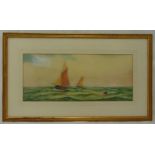 W H Gordon framed and glazed watercolour of sailing ships at sea, signed bottom left, 21.5 x 50.5cm