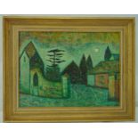 John Christopherson framed oil on board titled Mysterious Entrance, buildings in moonlight,