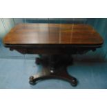 A Victorian rectangular mahogany games table, the hinged top on column support and shaped square