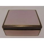 A continental white metal rectangular trinket box, lilac guilloche enamel to the sides and hinged