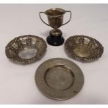 Two hallmarked silver bonbon dishes, a white metal coaster and a trophy cup, approx total weight