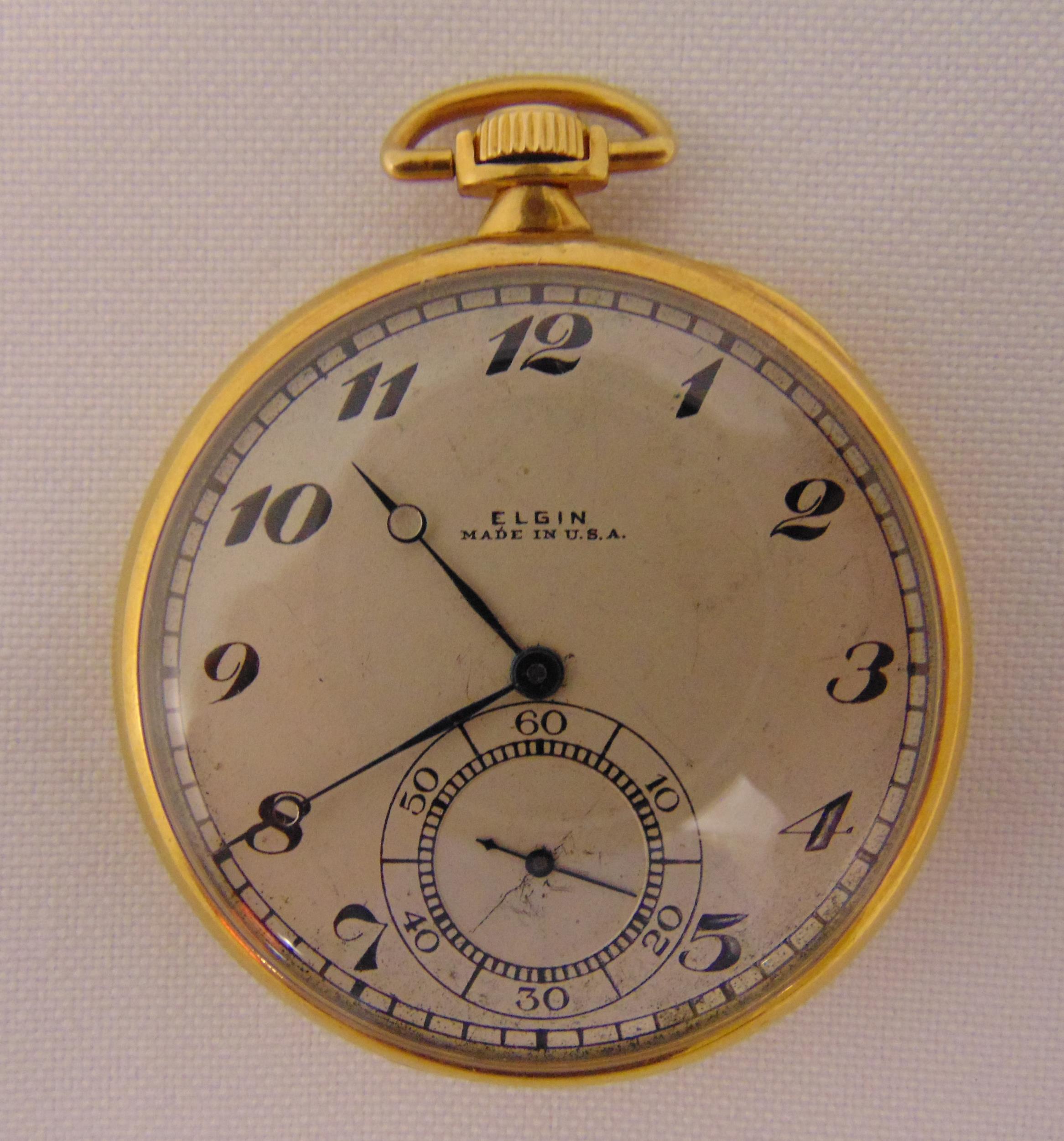 Elgin 18ct gold open face pocket watch with Arabic numerals and subsidiary seconds dial