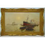 C J De Lacy framed oil on canvas of steam boats and barges in a harbour, signed bottom right, 61 x