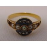 18ct yellow gold diamond, seed pearl and enamel ring, approx total weight 3.9g (4 seed pearls