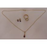 9ct gold ring and a pair of 9ct gold earrings with a matching pendant on a 9ct gold chain, approx