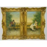 P Cellini a pair of framed oils on canvas of a courting couple on a veranda, signed bottom right, 41