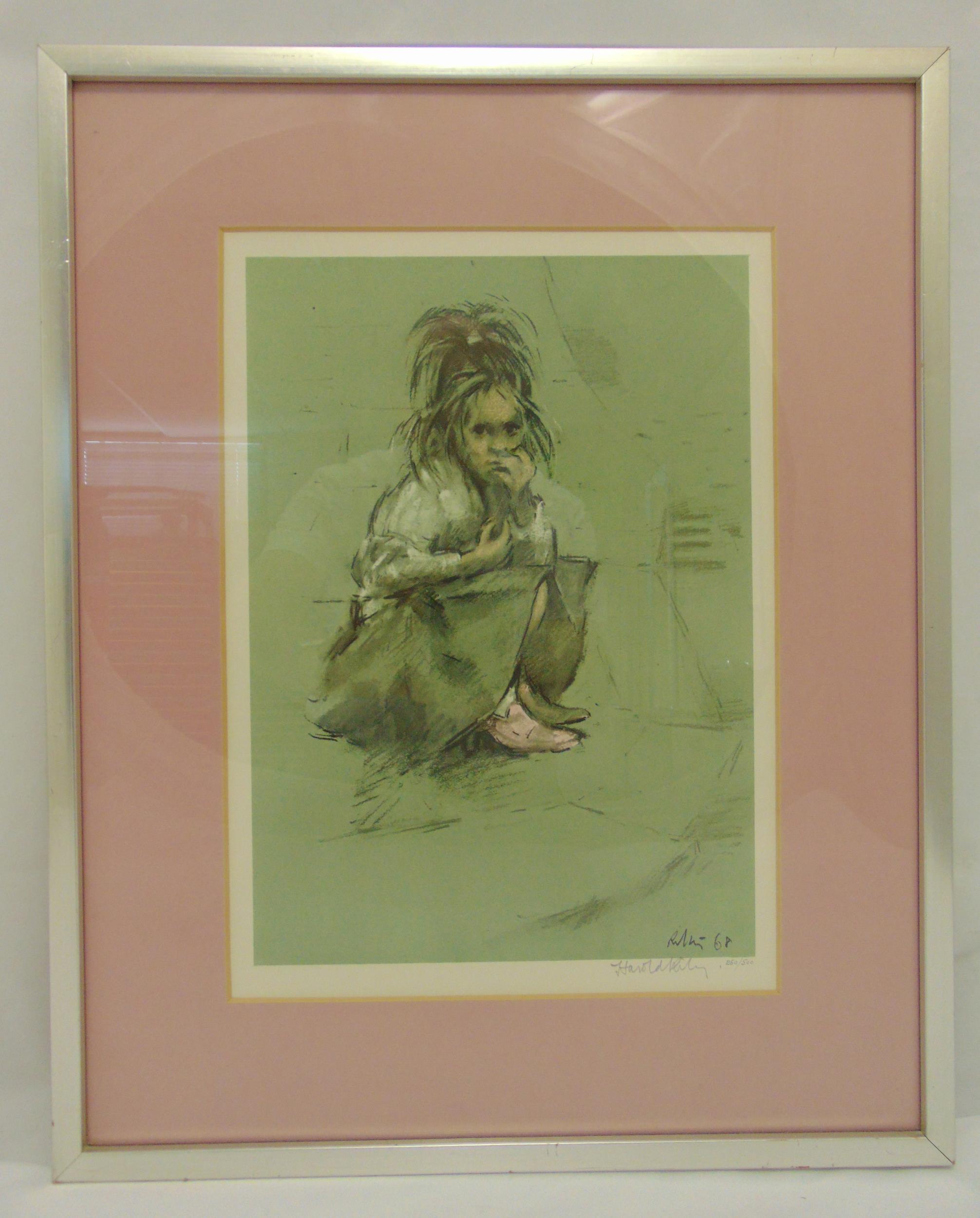Harold Riley framed and glazed polychromatic print of a crouching young girl 280/500, signed