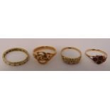 Four 9ct gold rings set with various stones, approx total weight 9.8g