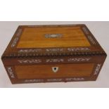 A rectangular wooden jewellery box inlaid with Mother of Pearl, the hinged cover with egg and dart