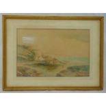 M Henry framed watercolour of a coastal cottage with figures in the foreground, signed