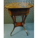 A mahogany inlaid needlework table of elongated octagonal form the hinged cover revealing a lined