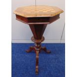 A Victorian octagonal mahogany and satinwood sewing table, the hinged cover revealing a fitted
