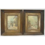 A pair of framed and glazed miniatures of French urban scenes, indistinctly signed bottom right,